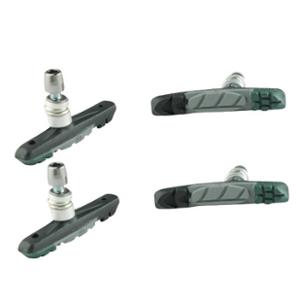 BRAKE SHOES MTB WITH SCREW OPTIMIZ V-BRAKE ASYMETRICAL THREE-RUBBER BLACK/RED/GREEN (2 PAIRS)