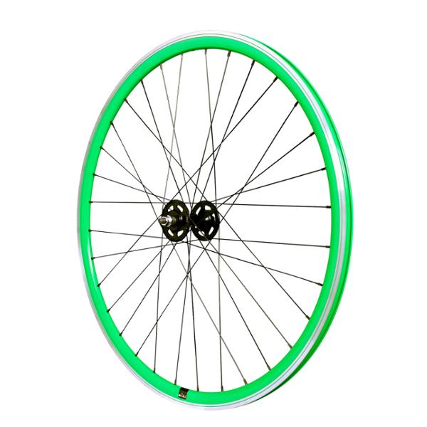 ROUE FIXIE 700 AV ECROU AXE PLEIN JANTE VERT MACH1 430. MOYEU NOIR 32T