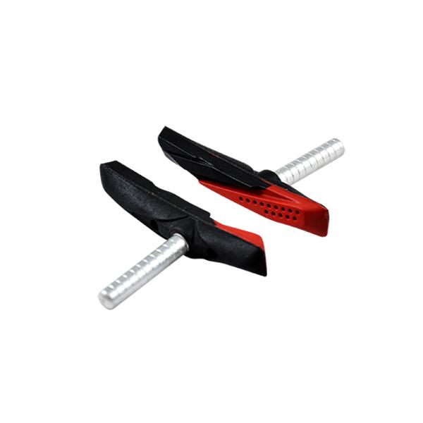 BRAKE SHOES MTB WITH ROD OPTIMIZ V-BRAKE TWO-RUBBER BLACK/RED ASYMETRICAL (PAIR)