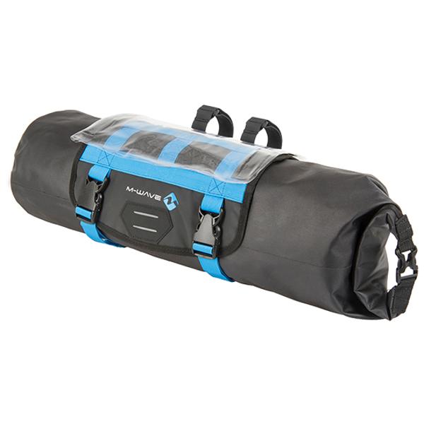 SACOCHE VELO CINTRE GRAVEL M WAVE 100 % WATERPROOF NOIR / BLEU VOLUME 10L (590X230MM)