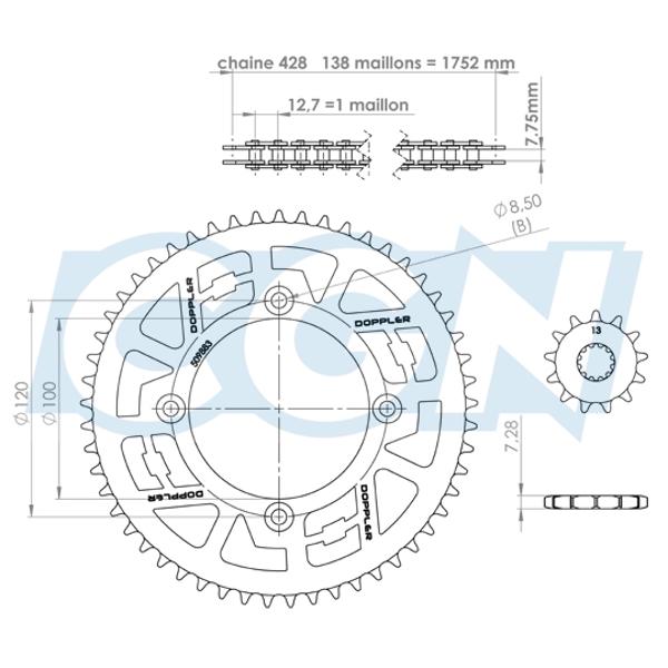 CHAIN KIT DOPPLER ORIGIN STEEL FOR BETA FACTORY 05>/RR SM 05> 428 13X53 TEETH D100 4 FIX