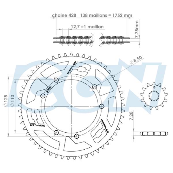 CHAIN KIT DOPPLER ORIGIN STEEL FOR SHERCO ENDURO/SM 428 13X53 TEETH D110 FIX 3X2