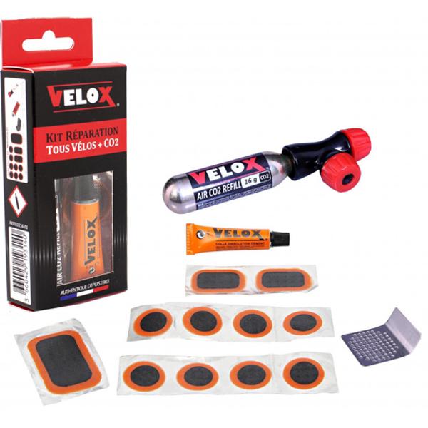 NECESSAIRE REPARATION VELOX ROUTE / VTT 11 PIECES + DISSOLUTION + 1 RAPE + CO2 REGULATEUR P