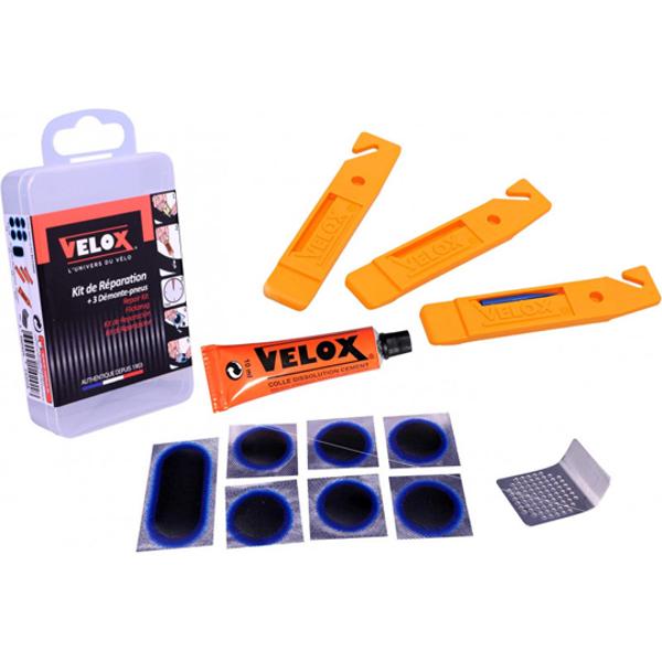 PUNCTURE REPAIR KIT VELOX -TREKKING/MTB- 7 PARTS REINFORCED + DISSOLVANT + 1 GRATER + LEVER