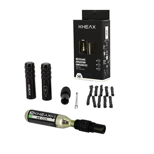 NECESSAIRE REPARATION TUBELESS KHEAX ALU NOIR AVEC EMBOUT CO2 + CARTOUCHE CO2 12GR