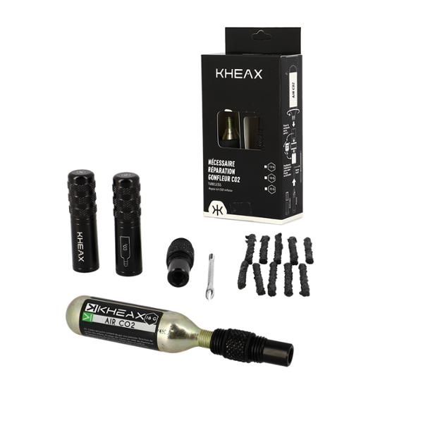 NECESSAIRE REPARATION TUBELESS KHEAX ALU NOIR AVEC EMBOUT CO2 + CARTOUCHE CO2 16GR