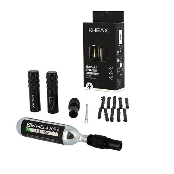 NECESSAIRE REPARATION TUBELESS KHEAX ALU NOIR AVEC EMBOUT CO2 + CARTOUCHE CO2 25GR