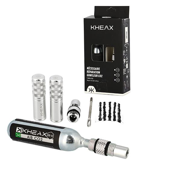 NECESSAIRE REPARATION TUBELESS KHEAX ALU ARGENT AVEC EMBOUT CO2 + CARTOUCHE CO2 25GR