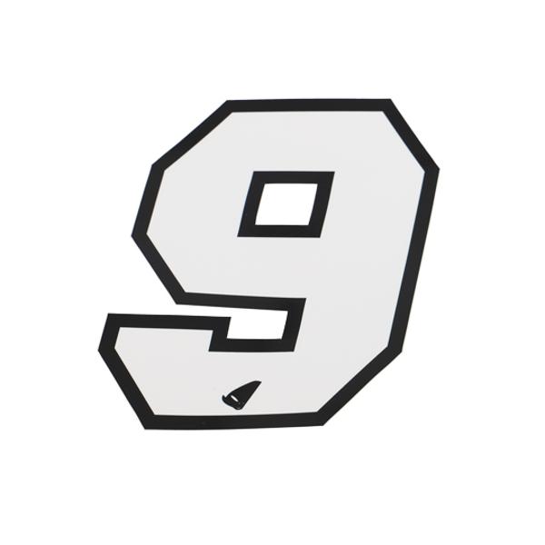 AUTOCOLLANT NUMERO CROSS 9 BLANC CONTOUR NOIR - HAUTEUR 13 CM (X5)