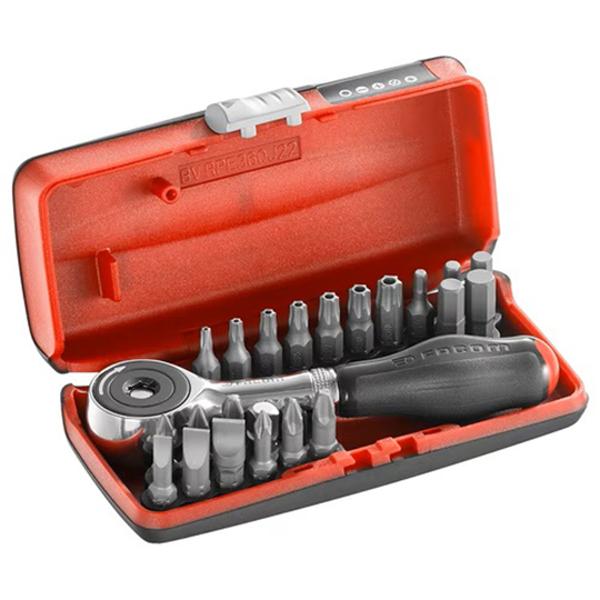 COFFRET PORTE EMBOUT À CLIQUET MANCHE ROTATIF + 22 EMBOUTS DE VISSAGE FACOM