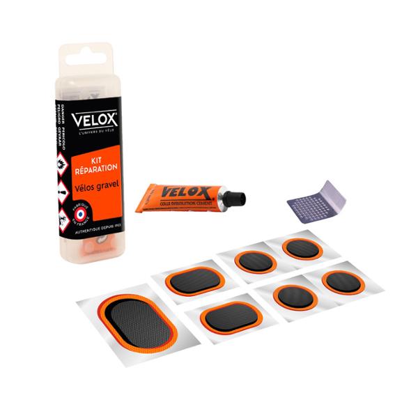 BICYCLE PUNCTURE REPAIR KIT VELOX GRAVEL 7 PARTS + SOLVENT 5ml + 1 GRATER