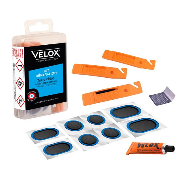 BICYCLE PUNCTURE REPAIR KIT VELOX ALL BIKES 8 PARTS REINFORCED + SOLVENT 5ml + 1 GRATER  + 3