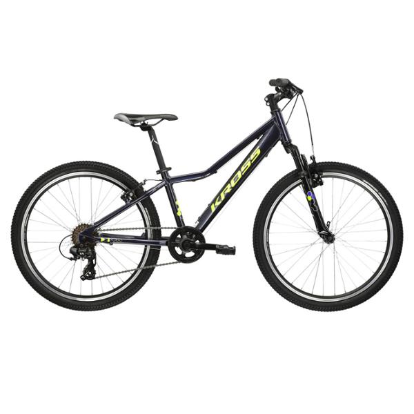 VELO VTT ENFANT 24" SEMI RIGIDE KROSS HEXAGONE JR 1.0M ALUMINIUM BLEU FONCE / JAUNE